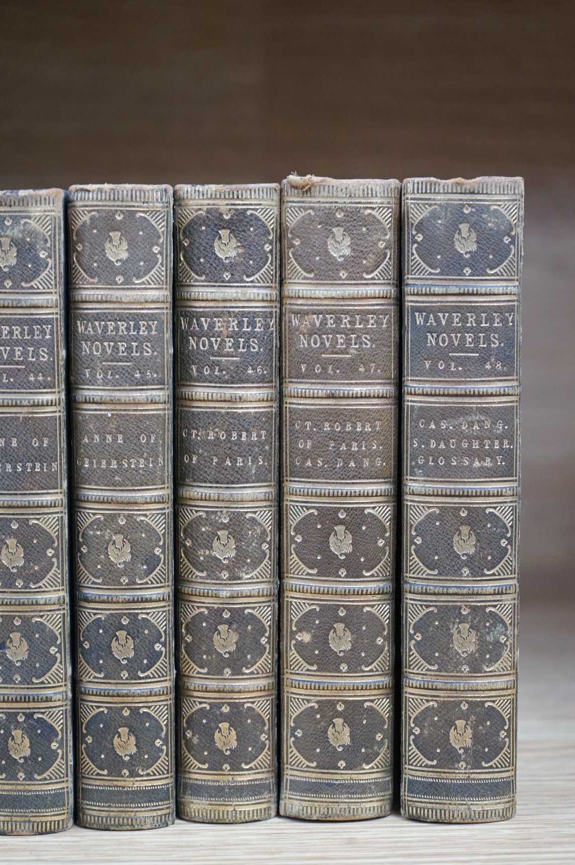 Scott, Sir Walter - Waverley Novels. 48 vols. engraved pictorial titles, frontispieces to each; contemp. green half morocco and marbled boards, gilt decorated panelled spines, marbled edges and e/ps., sm.8vo. 1829